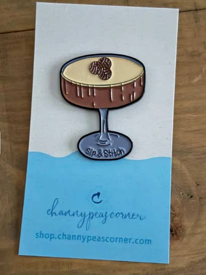 Sip and Stitch Yarn Espresso Martini Pin for wholesale by Channypeascorner