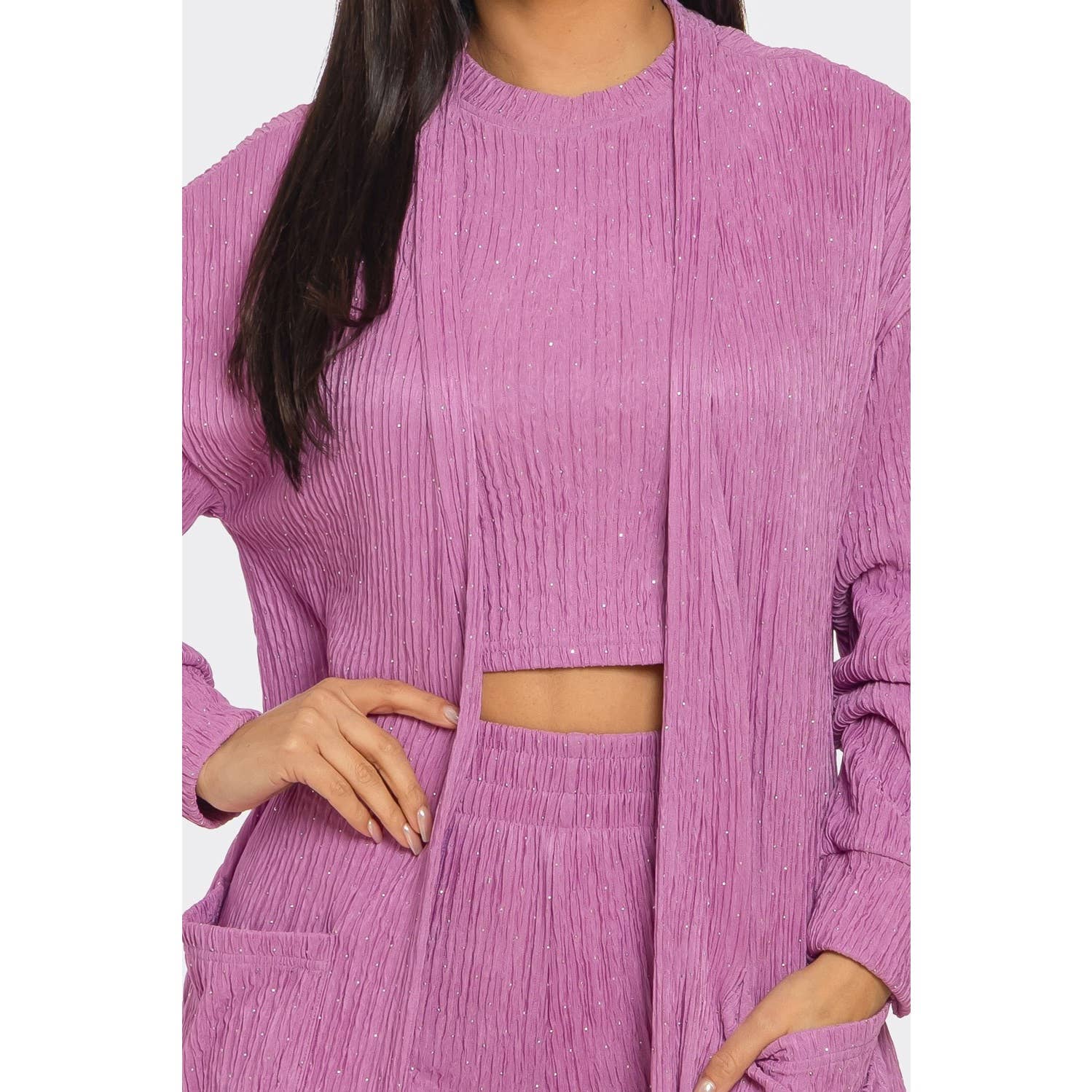 Esmeray Clothing - Vente Ensemble haut et pantalon (PAS d'intérieur) - Femme - ENSEMBLE 3 PIÈCES EN MAILLE ÉTINCELANTE LUXE6