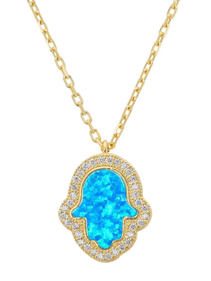 Hamsa Opalite Turquoise Blue Necklace Gold for wholesale by Latelita