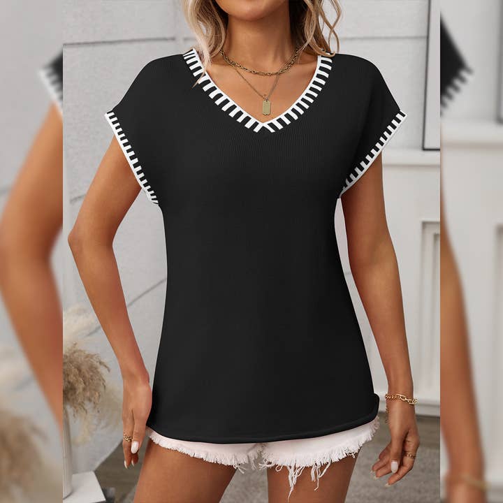 UNISHE - Wholesale Knit Sweater - Women's - Pullover Short Sleeve V-Neck Striped Knit Sweater MD178