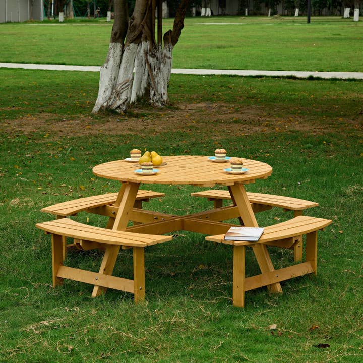 Table de pique-nique rond pour 8 personnes avec bancs et trou pour parasol pour la vente par 39F Inc.