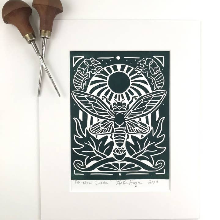 Periodical Cicada, Green Black, Hand Pressed Open Edition Block Print 8x10 for wholesale by New South Pattern House