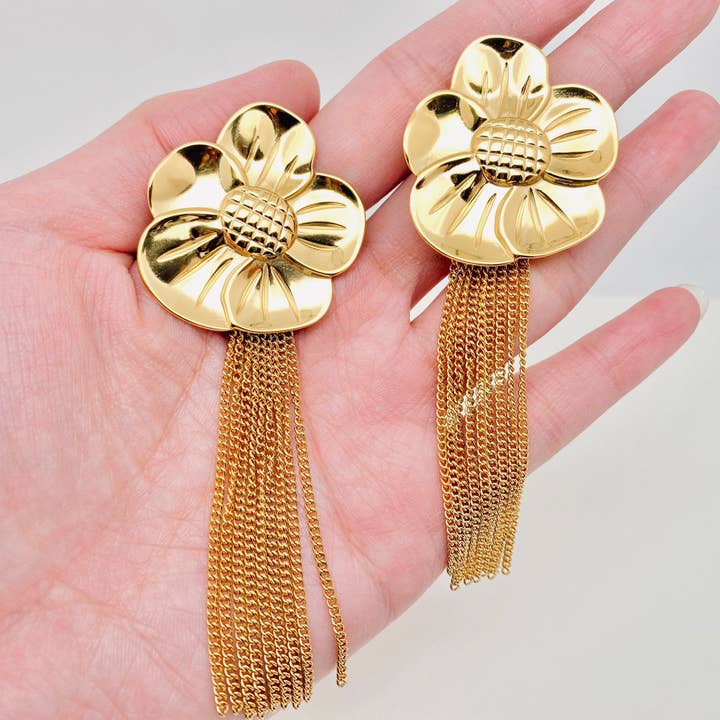 18K Gold-plated Chain Tassel Flower Earrings - FGS for wholesale by Mio Queena