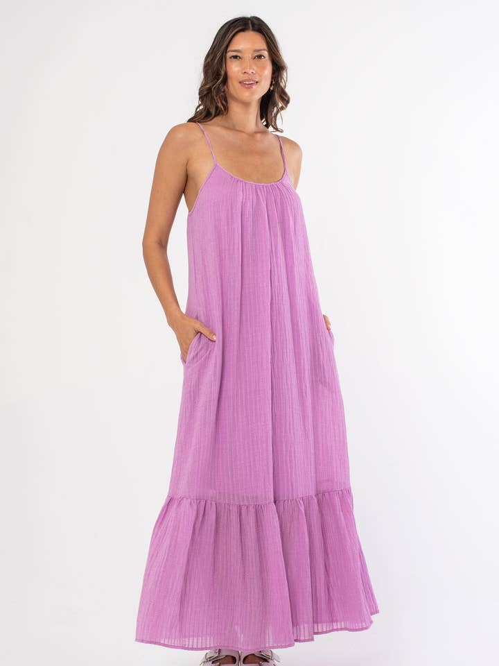 Striped Scoop Neck Ruffle Hem Maxi Dress for wholesale by Lovestitch