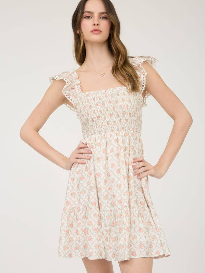 Blu Pepper - Wholesale Dress - Women's - FLORAL TRELLIS PATTERN SMOCKED MINI DRESS
