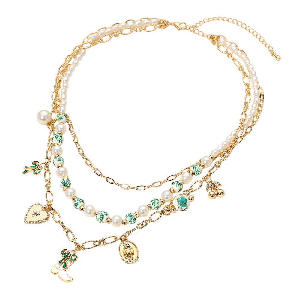 Sensibling Corp. - Wholesale Pendant/Charm Necklace - Western Cowboy Boot Hat Bow Cherry Heart Charm Station Pearl Floral Ceramic Ball Beaded Layered Necklace5