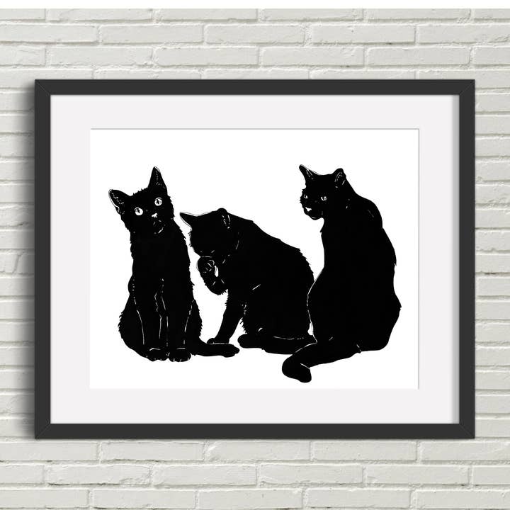 «Trois chats noirs» — Dessin à l'encre : tirage d'art pour la vente par PinkPolish Design
