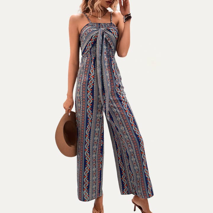 MULTI Bohemian Style Tie-Front Sleeveless Wide-Leg Jumpsuit for wholesale on Faire