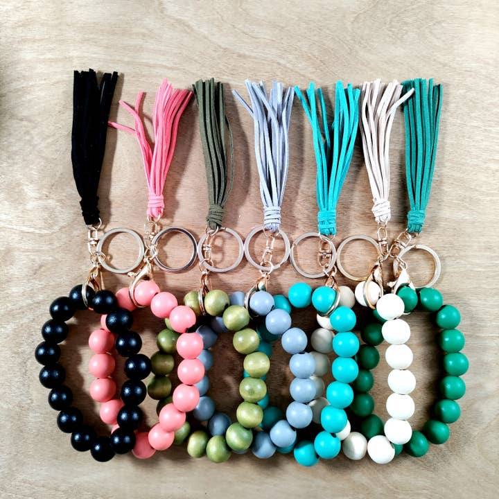 Wooden Beaded Wristlet Keychain with Engraved Wooden Pendant for wholesale by Mankin Laserworks