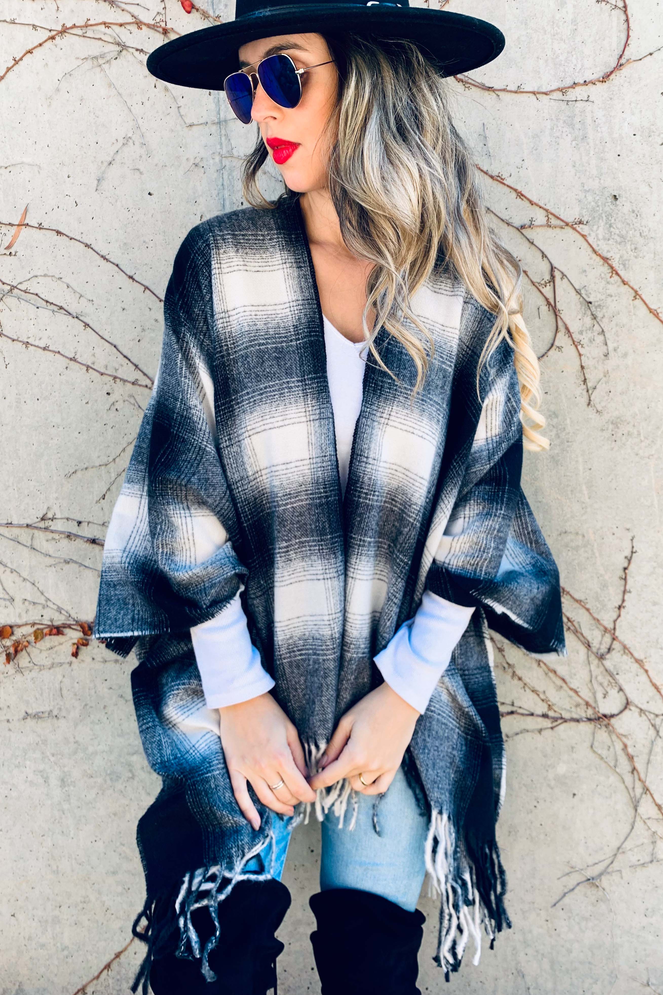 Black Plaid Printed Cozy Knitted Kimono Cardigan With Fringe for wholesale on Faire2