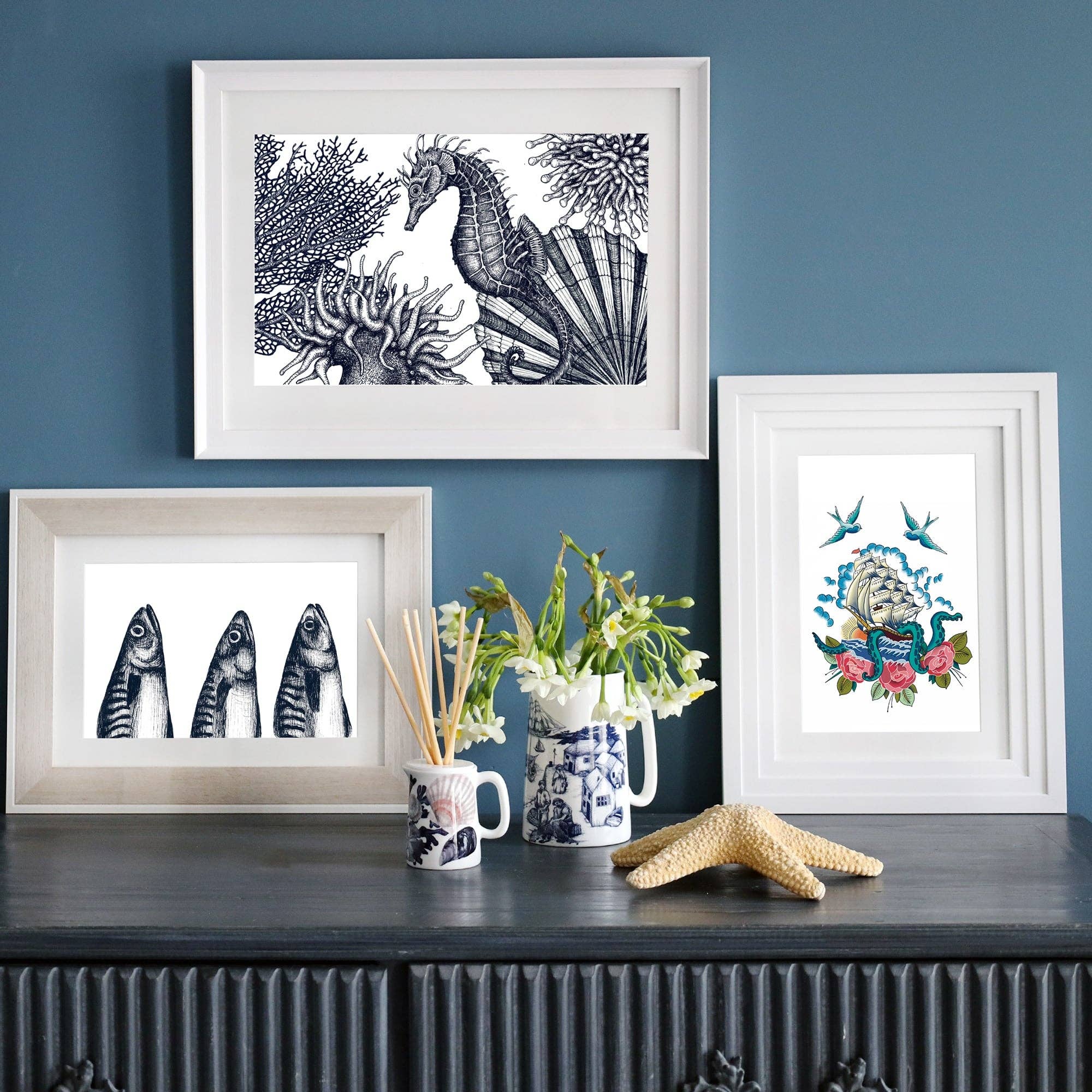 Cream Cornwall – wholesale Art print – Blue & White Seahorse Scene Art Print – Mounted in 3 Sizes3