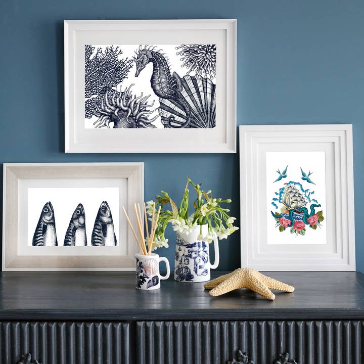 Cream Cornwall – wholesale Art print – Blue & White Seahorse Scene Art Print – Mounted in 3 Sizes3