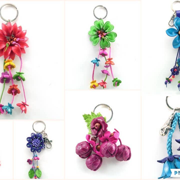 KP Style Assorted flower keychains/bag charm for wholesale by Sunflower Handmade leather inc