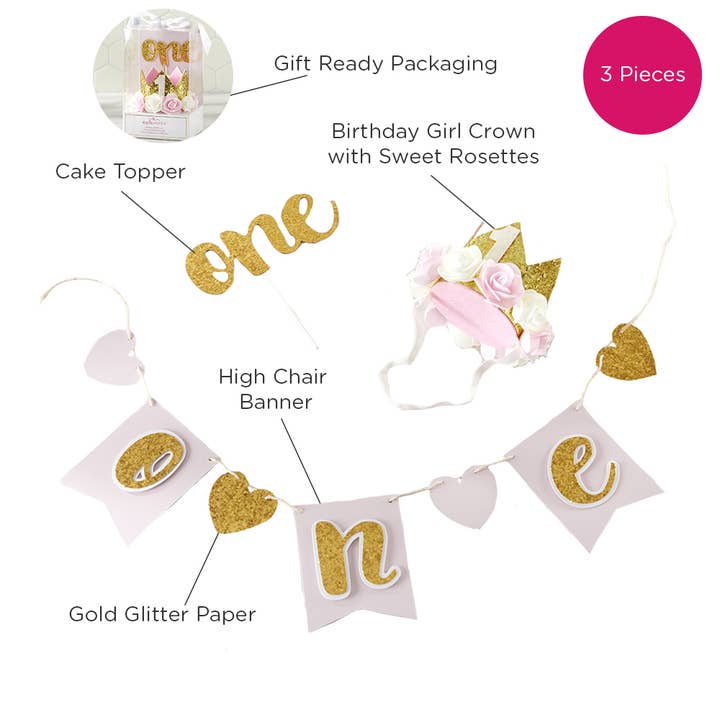 Kate Aspen - Wholesale Party Sign/Banner - Gold Glitter 1st Birthday Décor Kit (Rosette Crown)4