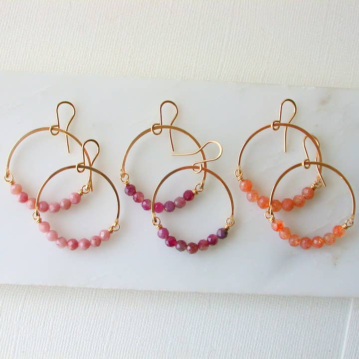Linda Trent Jewelry - Wholesale Dangle Earrings - Gemstone Hoops. 14k Gold Fill. Choose Stone.