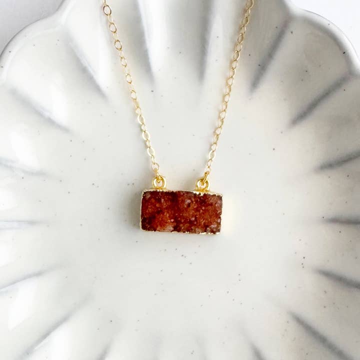 Burnt Orange Druzy Bar Necklace in Gold for wholesale by Rustic Gem Jewelry