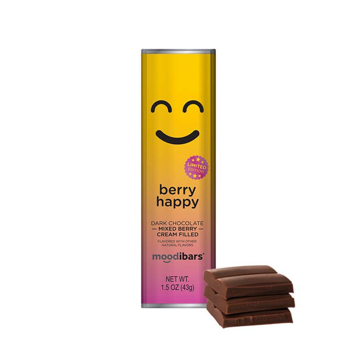 Moodibars BERRY HAPPY Barre de crème aux baies mélangées et chocolat noir 1,5 oz pour la vente par Astor Chocolate Corp.