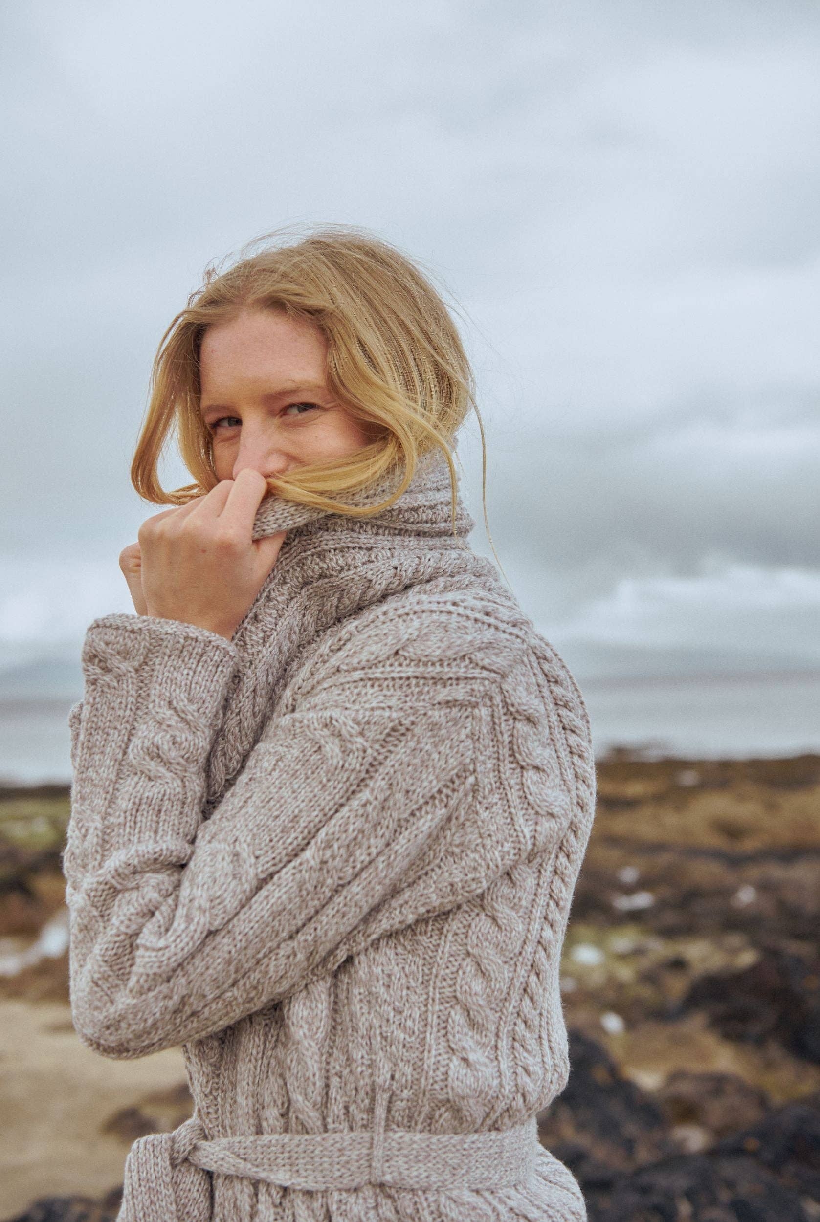 Aran Woollen Mills - Wholesale Cardigan - Women's - Sheeffry Shawl Aran Neck Cardigan -  Oat3