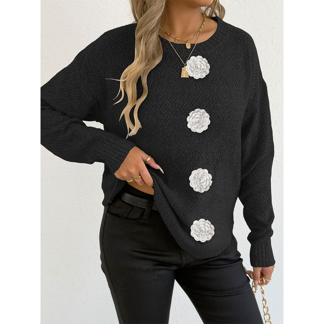 UNISHE - Wholesale Knit Sweater - Women's - Casual Button Crochet Floral Decor Pullover Sweater OYM2456