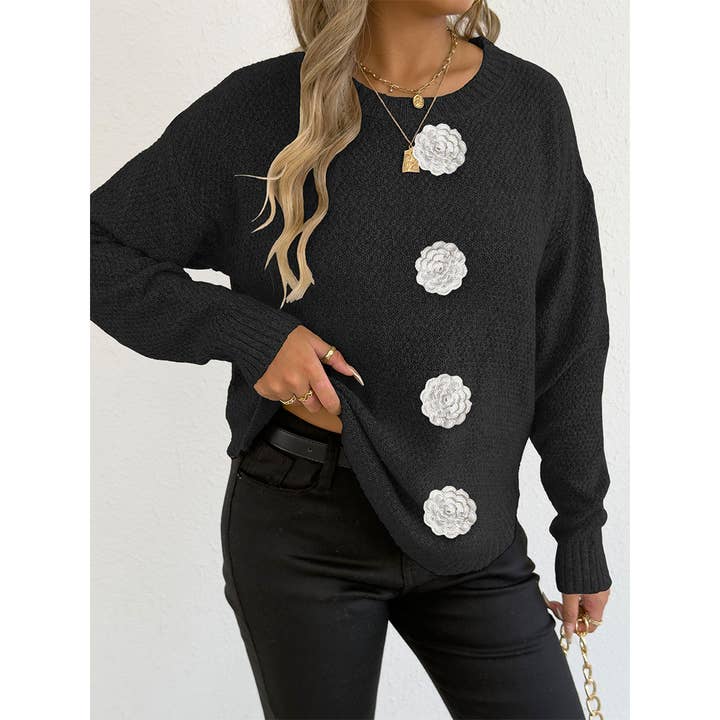 UNISHE – Großhandel Strickpullover – Damen – Lässiger Pullover mit Knopf, Häkelblumen-Dekor OYM2456