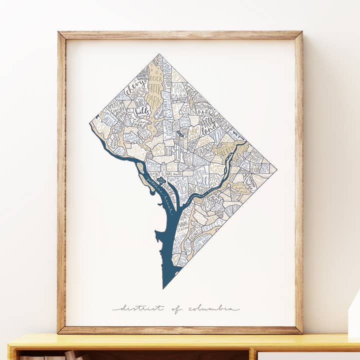 Poster - Washington DC Neighborhoods Map in White for wholesale by Billie Claire Illustration (Handmade)