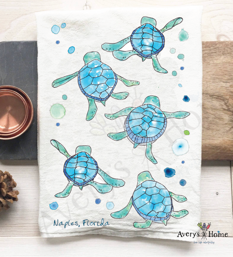 Avery's Home - Vente Torchons - Serviette de cuisine personnalisable avec adorables bébés tortues marchant sur la côte45