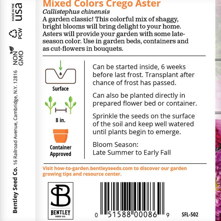 Bentley Seed Co. - Wholesale Plant Seeds - Aster, Crego Mixed Colors Seed Packets1