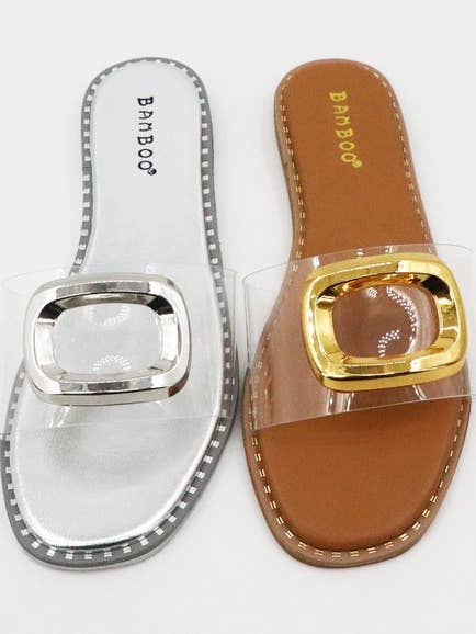 Top Flat Sandália transparente com Ractangle metálico por atacado de Andrea Bijoux