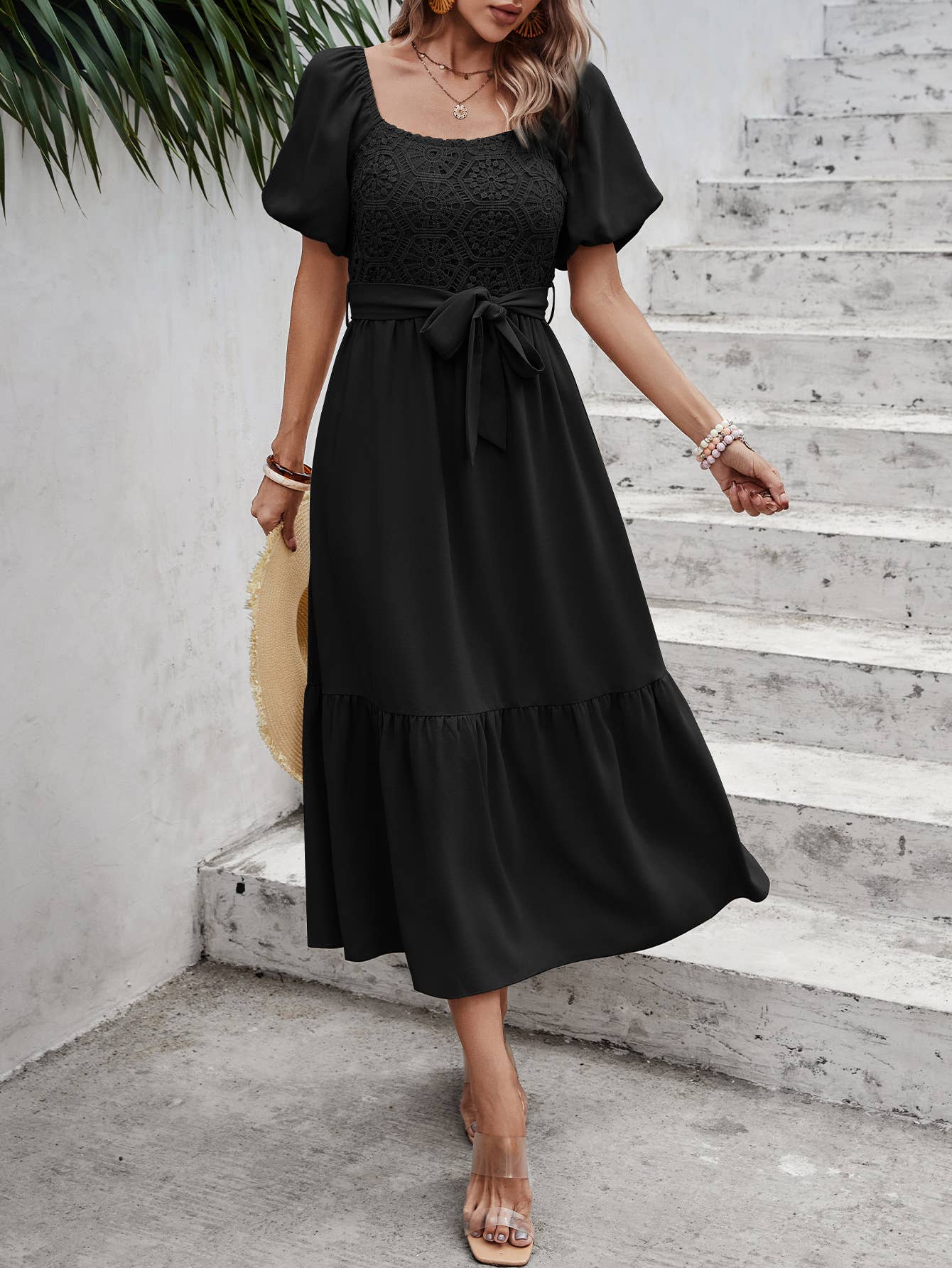 eLook - Wholesale Jurk - Dames - SZ1-DR1008 Midi-jurk met haakdetails en pofmouwen en riem15