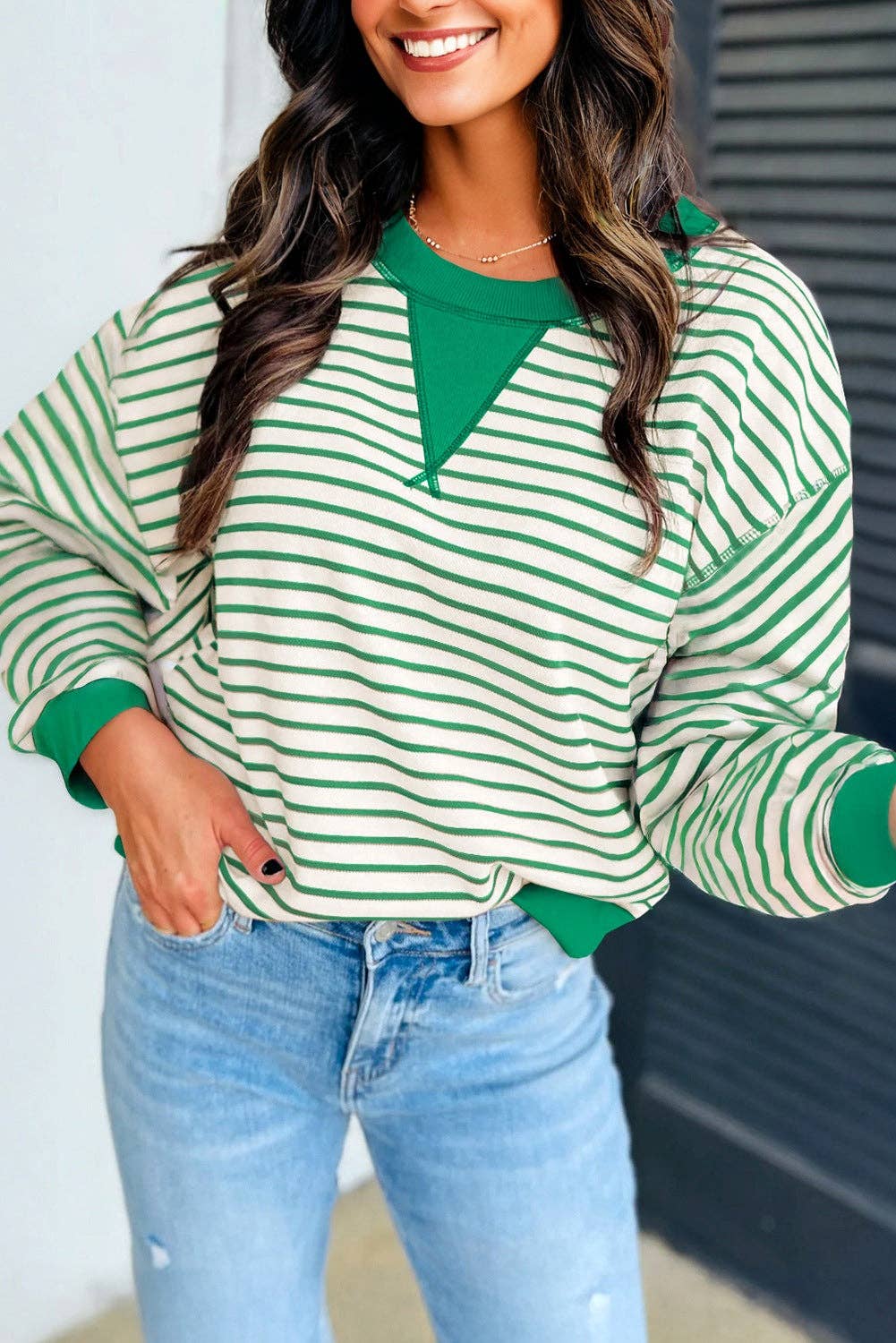 Bright Green Striped Exposed Seam Patchwork Loose Pullover Top for wholesale on Faire1