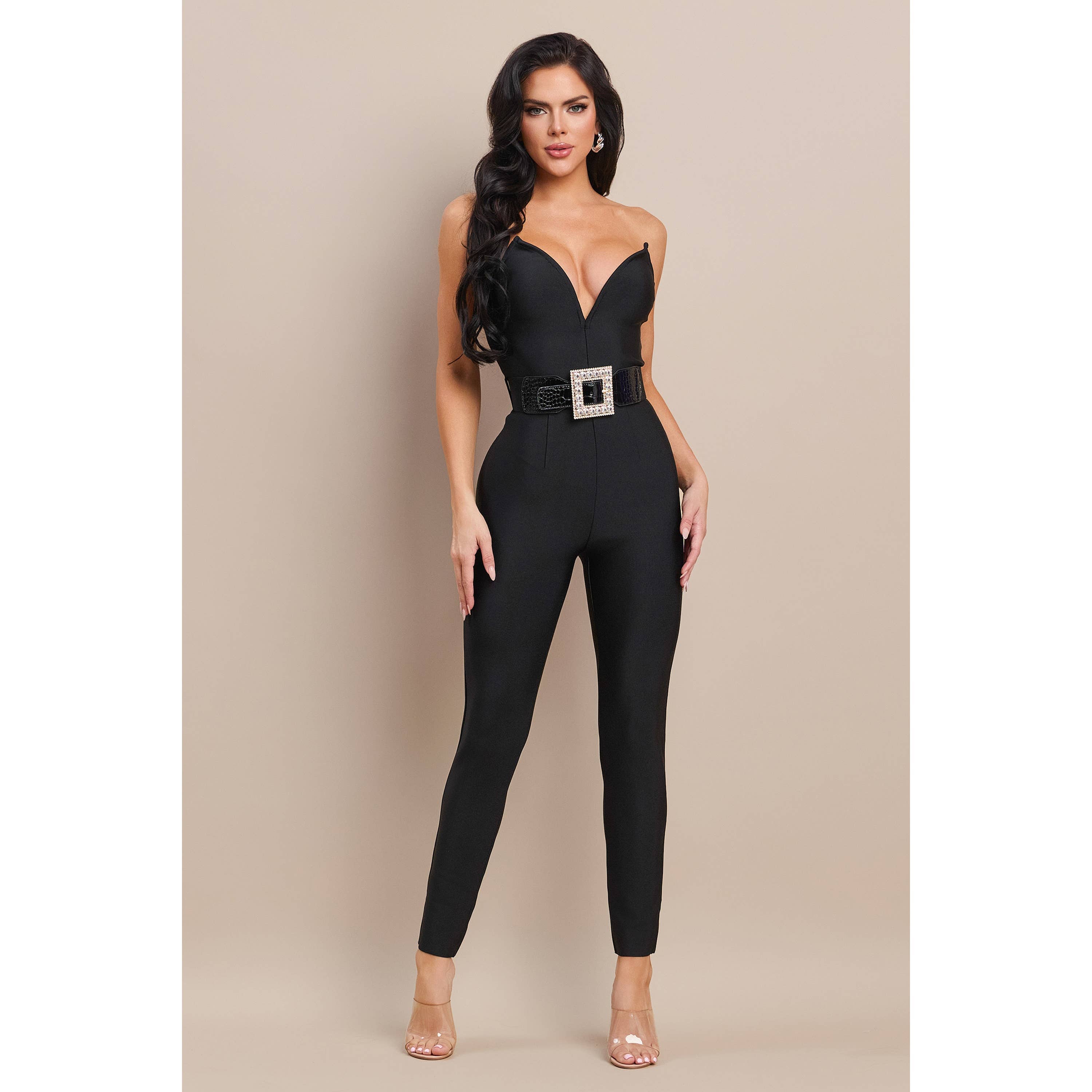 NOIR COMBINAISON À COL EN V PROFOND AVEC CEINTURE en vente sur Faire1