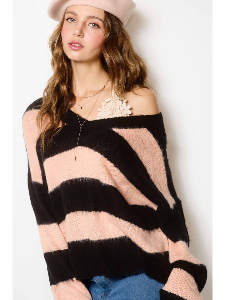 La Miel - Wholesale Knit Sweater - Women's - MCS3573-Oversized Fuzzy Soft Stripe V-neck Knit Sweater