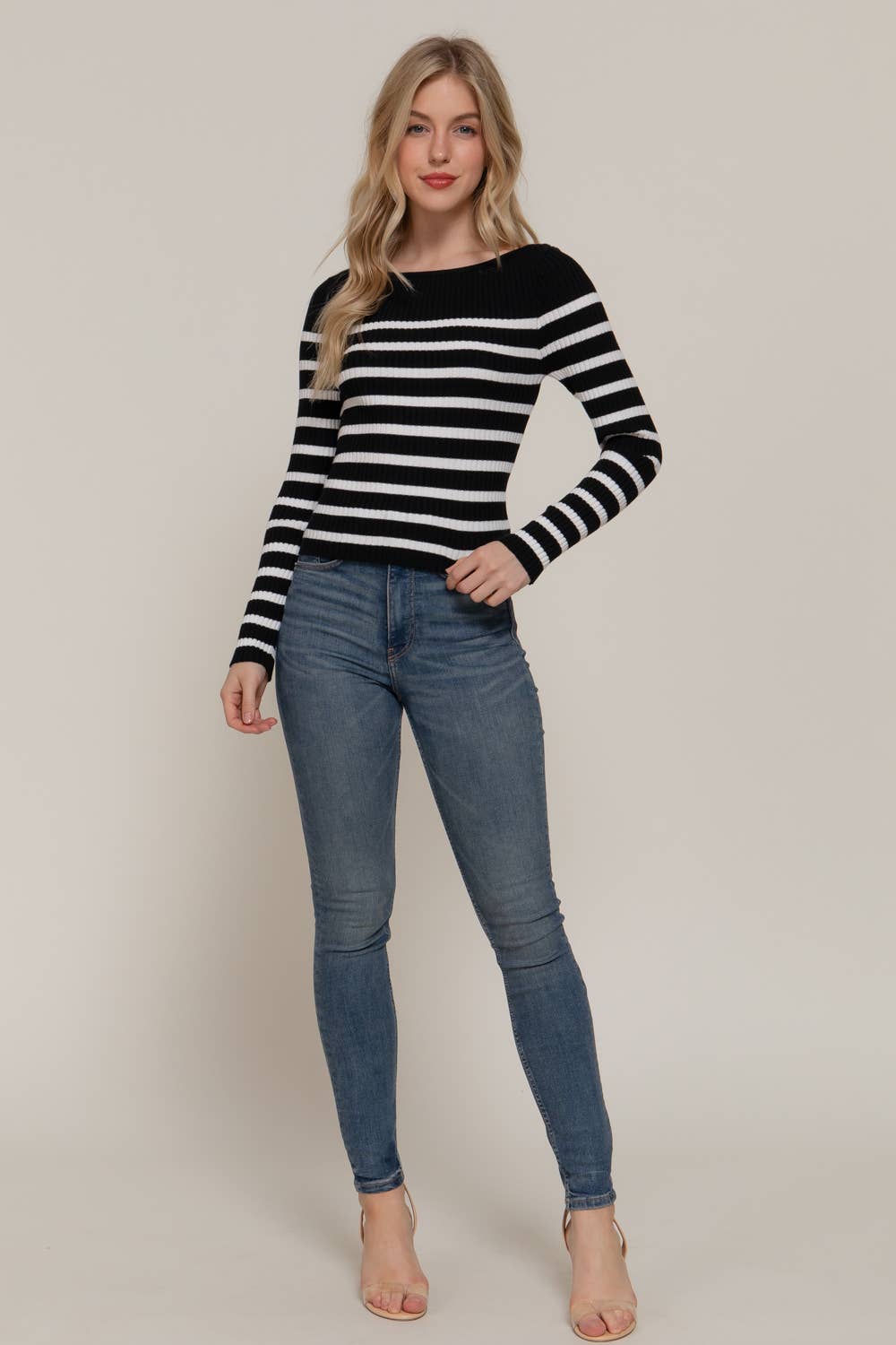 Active Basic | Active USA - Wholesale Knit Sweater - Women's - Long Sleeve Boat Neck Stripe Sweater7