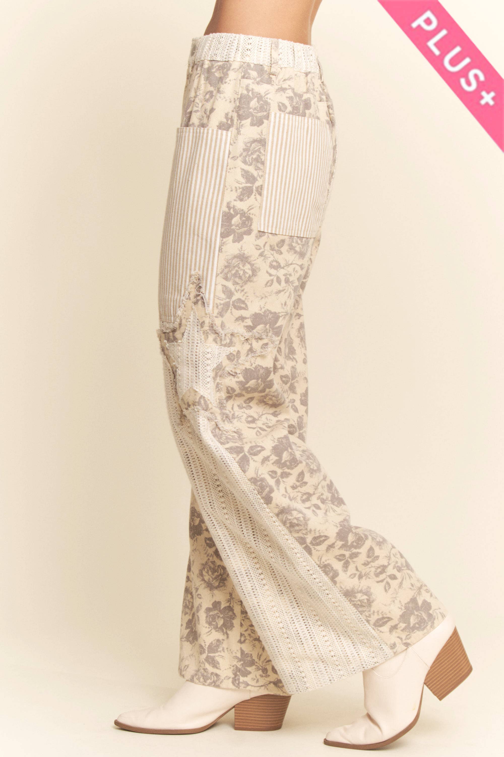 NATURAL D GREY PLUS FLORAL STAR PATCH DETAIL WASHED PANTS for wholesale on Faire1