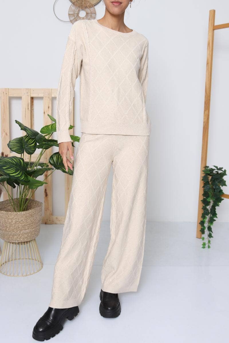 DIX-ONZE – wholesale Top & pants set (NOT Loungewear) – Women's – Diamond Knit Set – Crew Neck Sweater & Wide-Leg Pants7