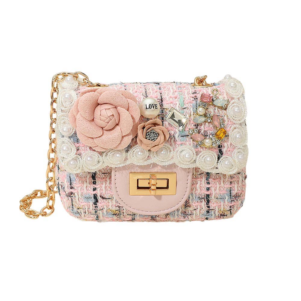 Sensibling Corp. - Wholesale Crossbody Bag - Women's - Floral Pearl Stone Cluster Embellished Tweed Mini Handbag / Crossbody Bag9