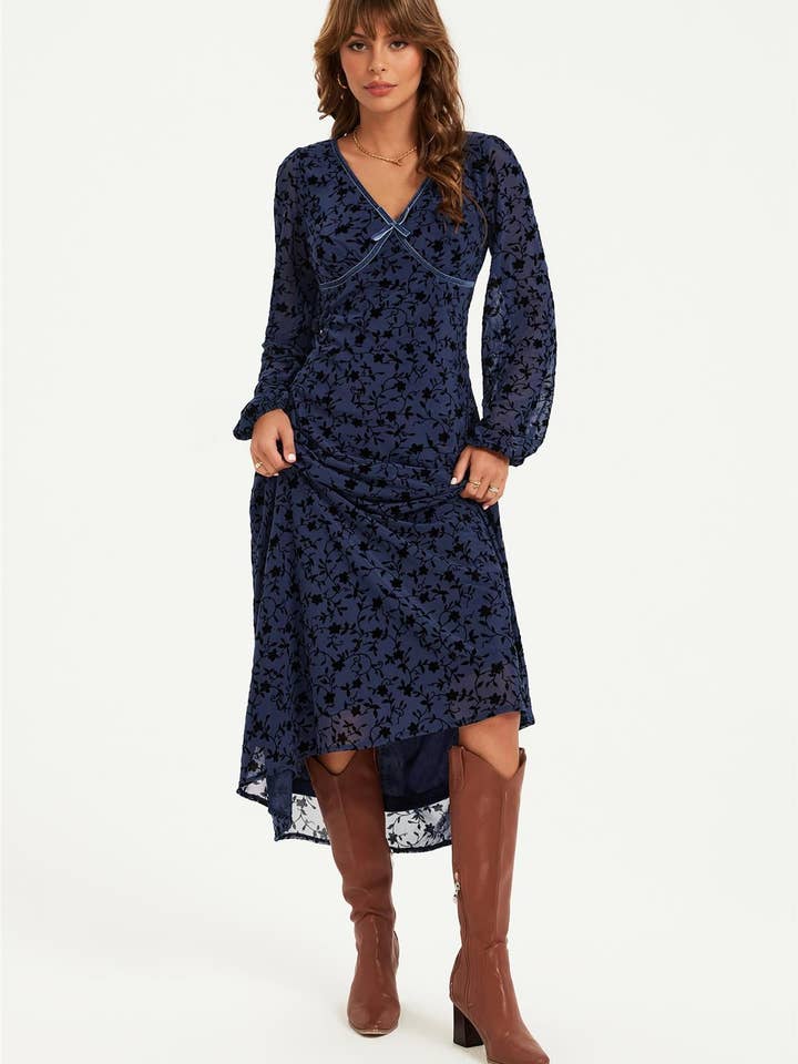 Fluwelen Devore Midi-jurk met Bloemenprint en V-hals in Marineblauw voor wholesale door FS Collection