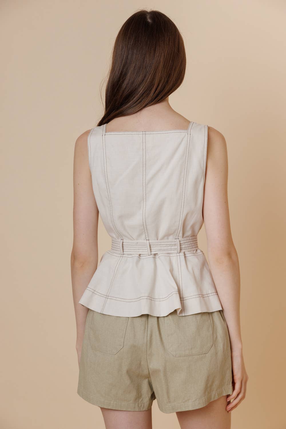 A & SHE - Wholesale T-Shirt - Women's - Square Neck Button Down Contrast Stitch Belted Top3