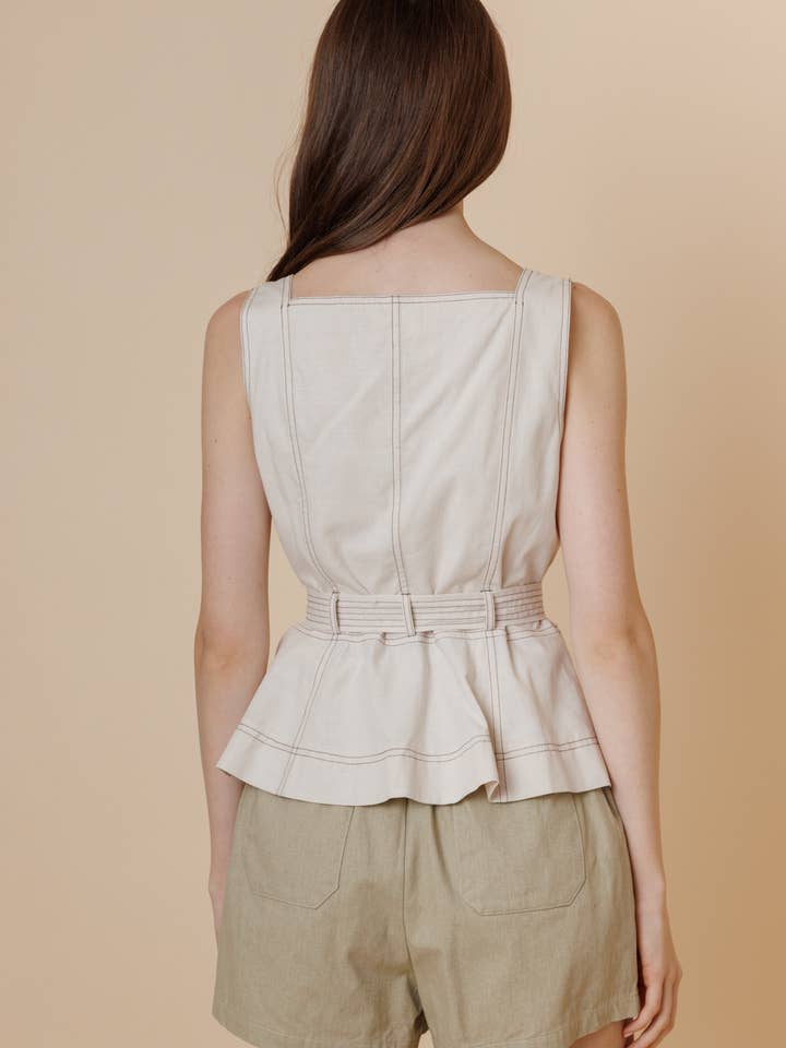 A & SHE - Wholesale T-Shirt - Women's - Square Neck Button Down Contrast Stitch Belted Top3