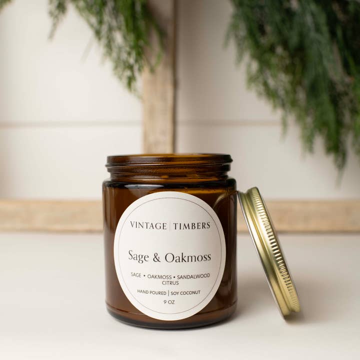 Sage and Oakmoss 9 oz Soy Coconut Candle for wholesale by Vintage Timbers Candle by Lola & Dunelly