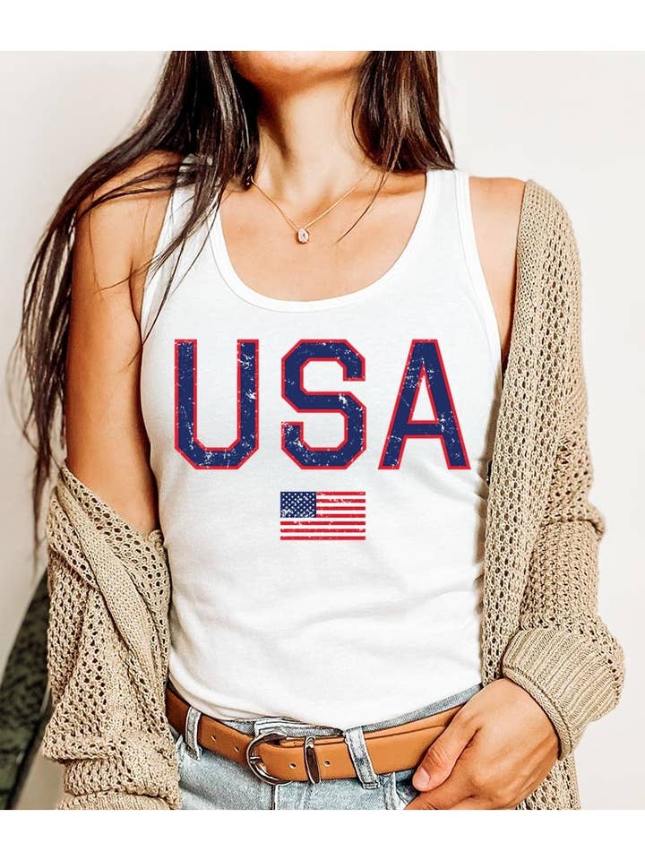 USA Flag Graphic Racerback Tank for wholesale by Pink Irene Wholesale