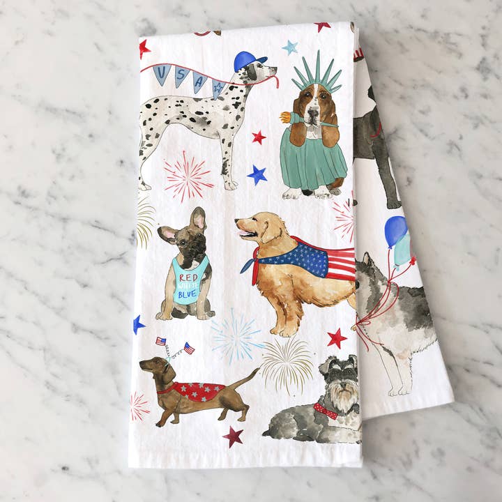 KelseyMDesigns - Wholesale Tea towel - Patriotic Dogs Kitchen Towel - Fourth of July Tea Towel