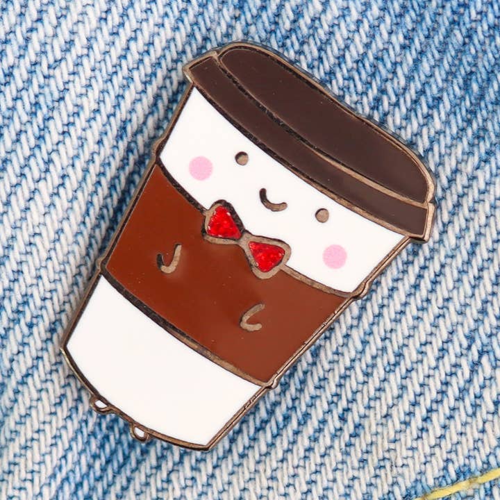 Kawaii Coffee Cup With Bow Enamel Pin for wholesale by Fluffmallow (Custom duties for USA are pre-paid by us)