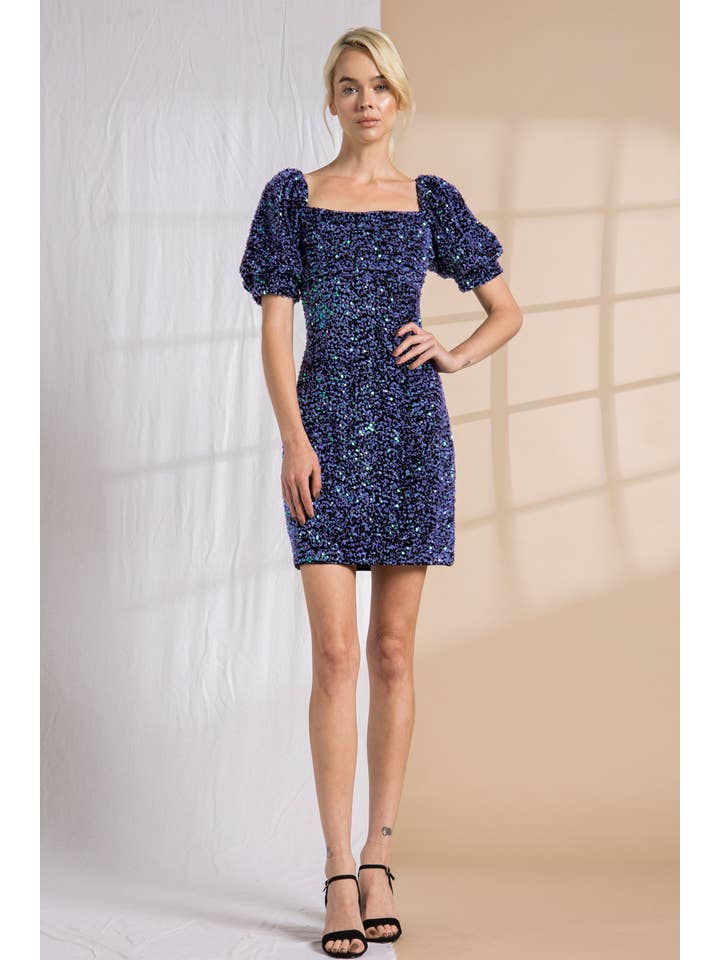 LENA - Wholesale Dress - Women's - Sequin Square Neck Balloon Short Sleeve Mini Dress