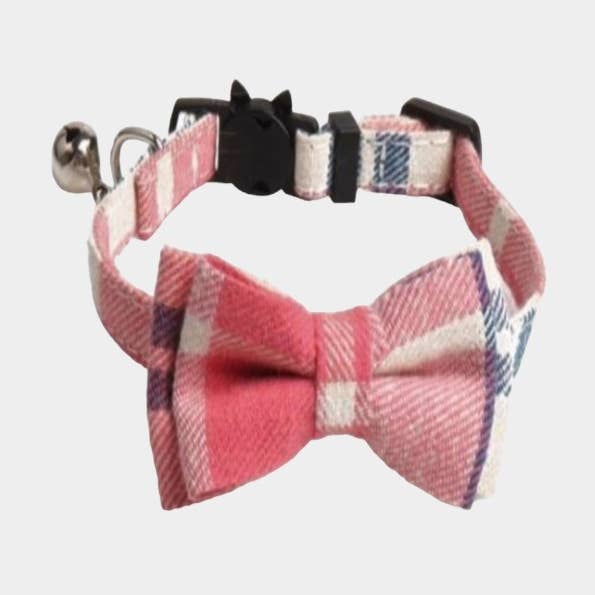 Luxuriöses Katzenhalsband mit Fliege, Pink, Beige und Blau kariert für den Großhandel von Zacal Cat Collars