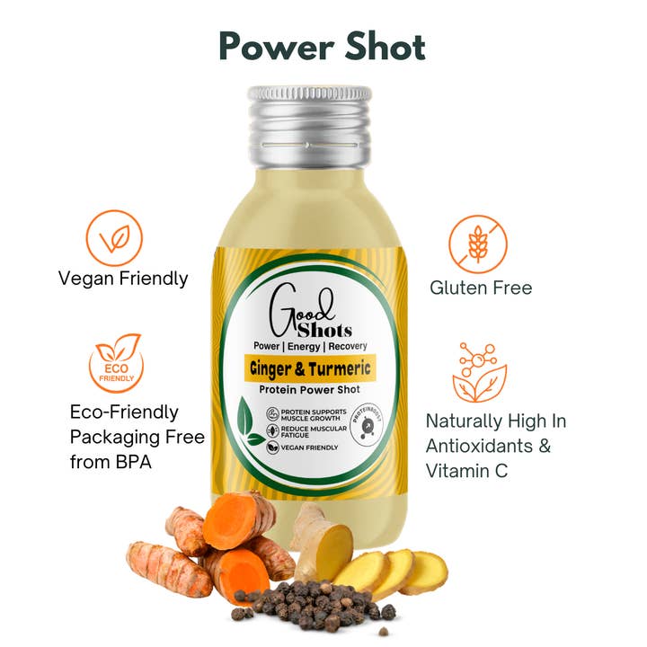 Good Shots – wholesale Wellness juice/tonic – Protein Power Shot - Ginger Turmeric - Energy & Recovery1