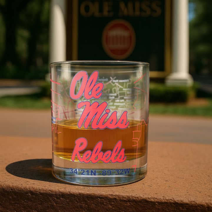 Greenline Goods - Wholesale Cocktail/Liquor Glass - University of Mississippi Rebels College Whiskey Glasses (Set of 2), 10 oz – Full-Color Logo + Campus Map3