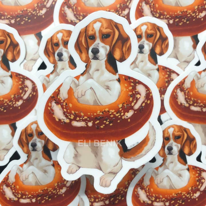 Beagle Bagel bakery dog heavy duty waterproof vinyl sticker for wholesale by Eli Benik