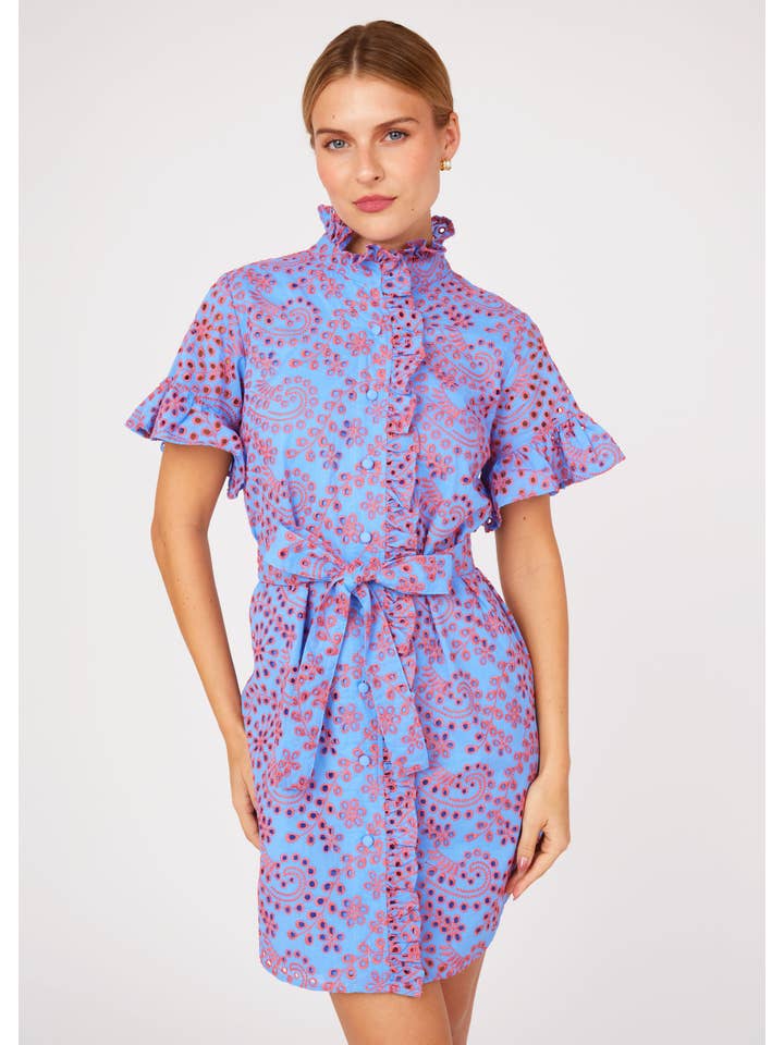 Katie Dress Blue and Pink Jasmine Eyelet for wholesale on Faire