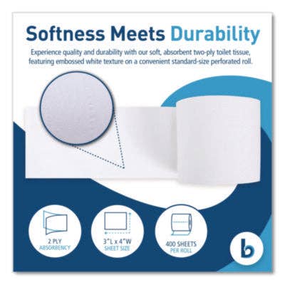 NAI Janitorial Supplies - Wholesale Toilet paper - Boardwalk® 2-Ply Toilet Tissue, Septic Safe, White, 400 Sheets/Roll3
